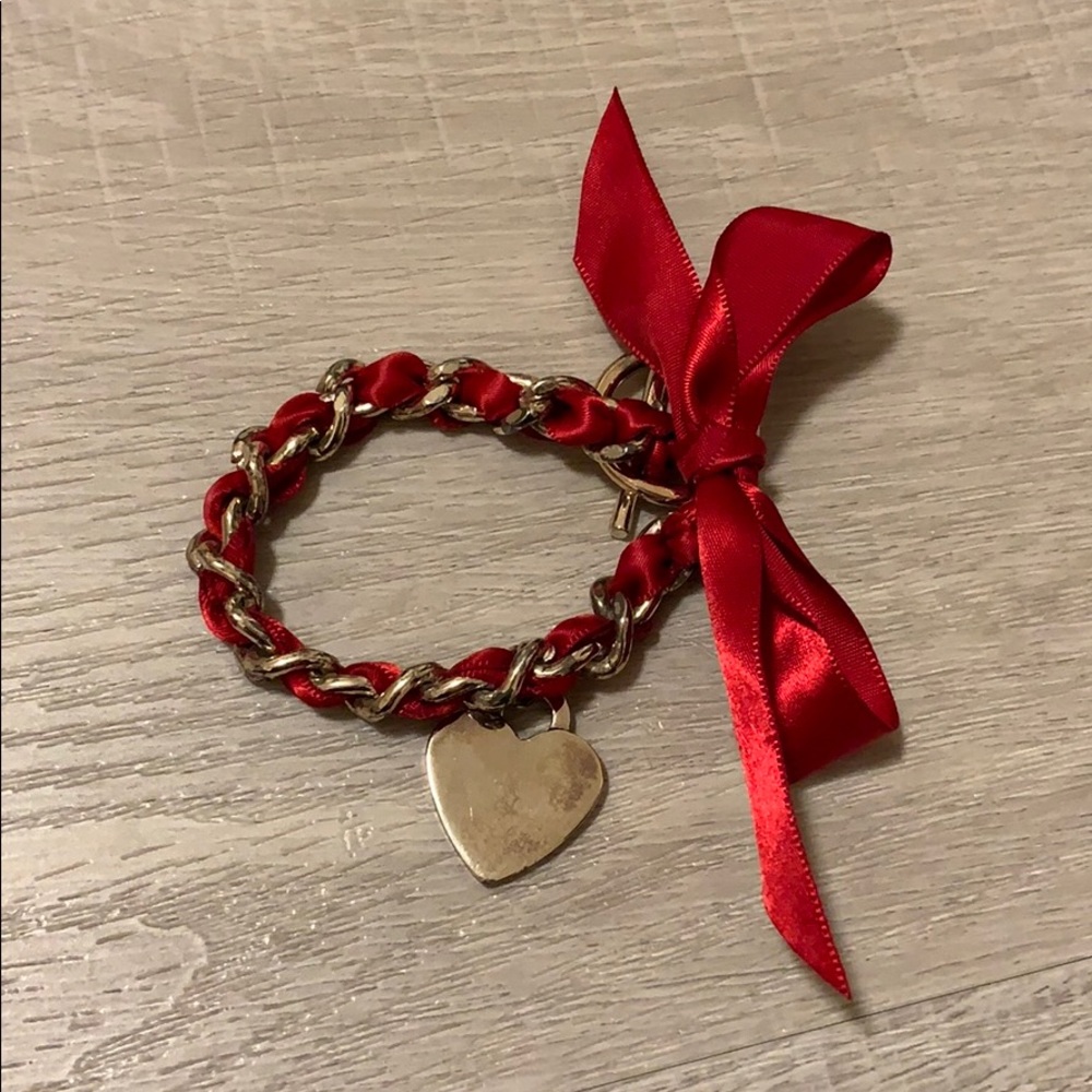Vintage Looking Heart Charm Ribbon Bracelet